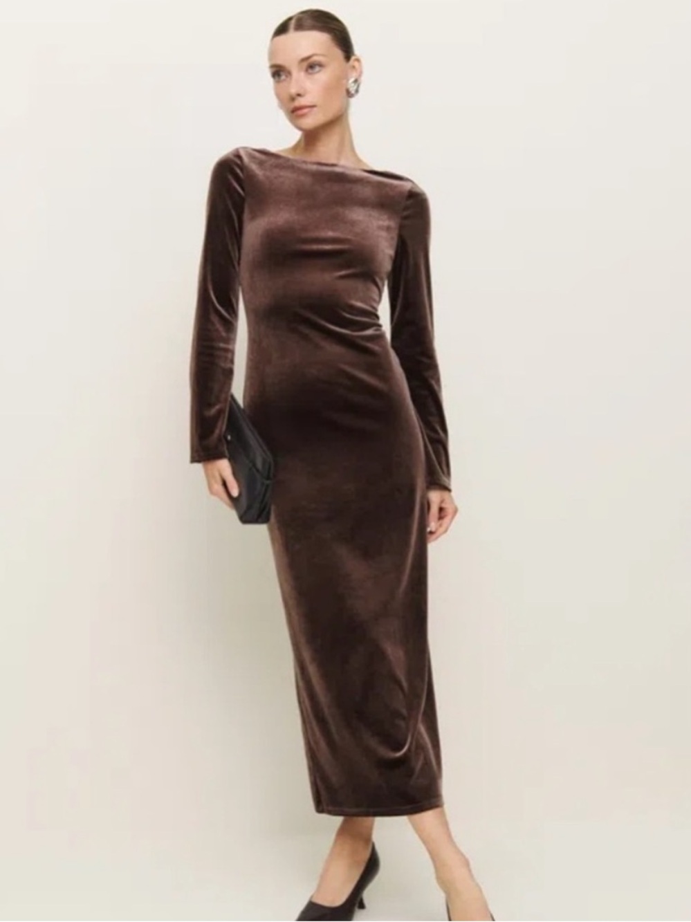 Reformation Delphina Knit Dress - Chocolate Brown Velvet Long-Sleeve Midi Dress